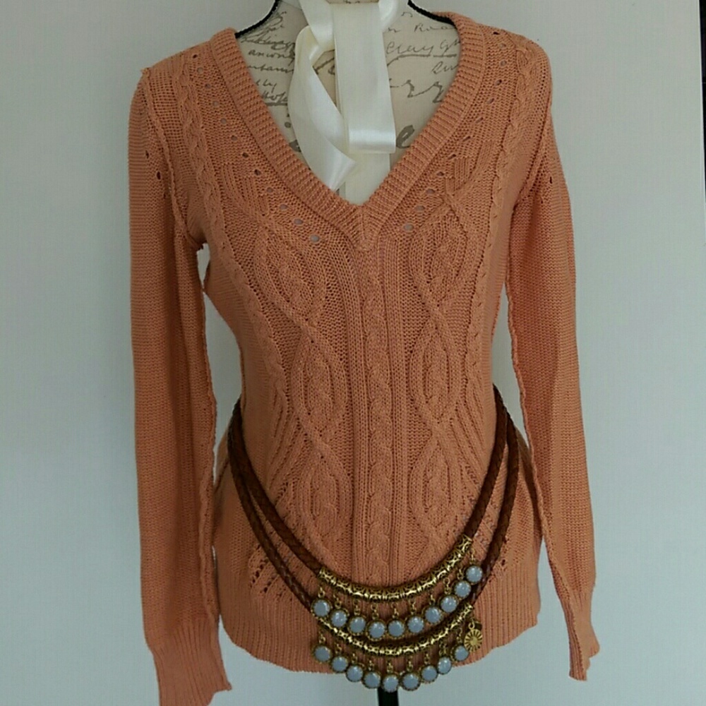 Heather Deep Peach Colored V-Neck Sweater with Ribbon Tie